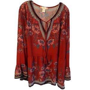 Flying Tomato Rust Red Floral Border Print Boho Tunic Top